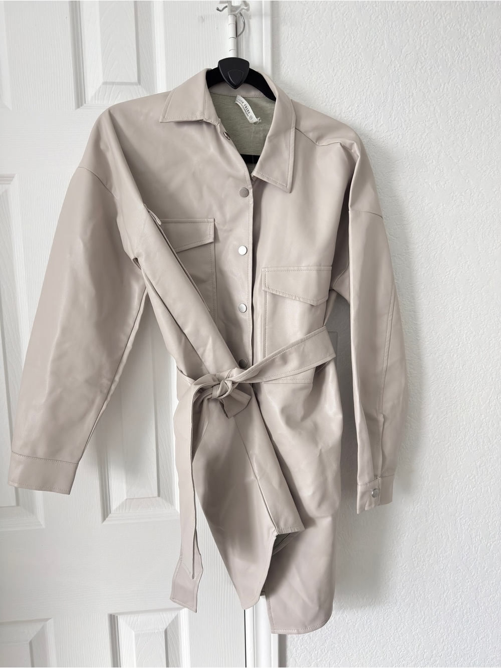 12th Tribe Light Beige Faux-Leather Belted Trench Shacket